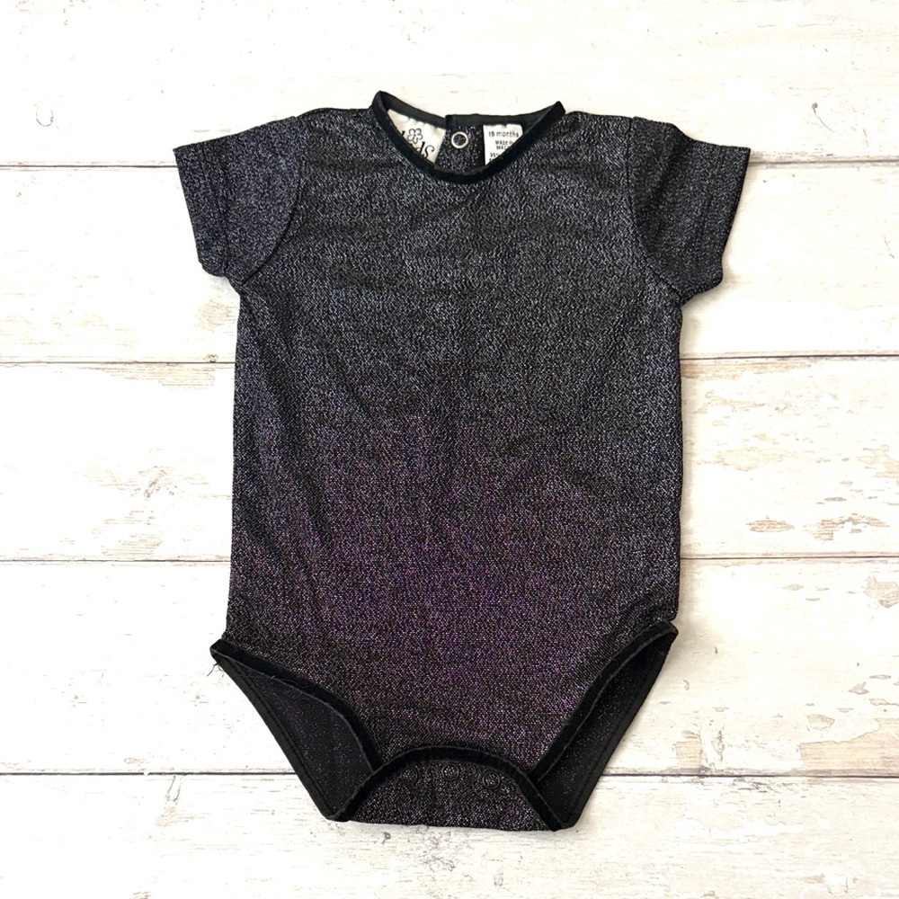 Baby Girls 18m Black Silver Shiny Onesie Bodysuit Party Formal Cute Short Sleeve
